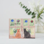 ポストカード 窓辺の2匹の猫と静かな花 (スタンド正面)