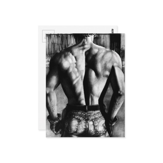 ポストカード 筋肉質なボディビルダー タイトなジーンズ アート (正面/裏面インサイチュ)