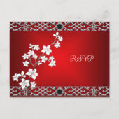 ポストカードRSVPアジア赤黒フローラシルバーホワイト インビテーションポストカード (正面)