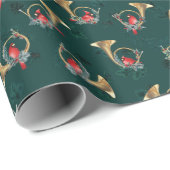 ポストホーンのダークグリーンのクリスマス深紅色 ラッピングペーパー (ロールコーナー)