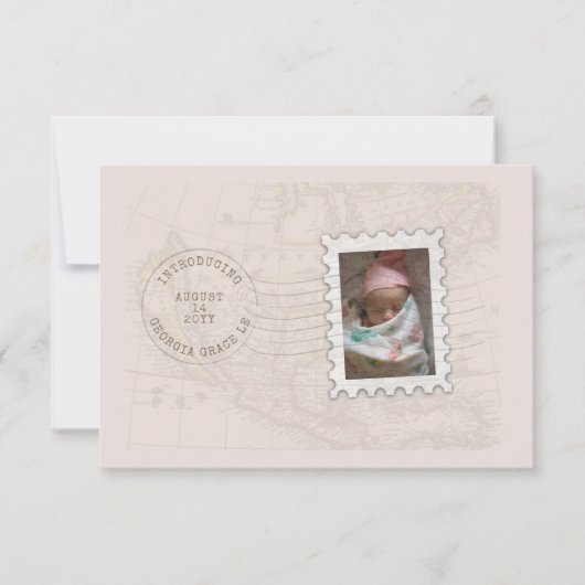 ポストマークとフォトスタンプ旅行生誕発表 案内状 (正面)