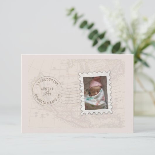 ポストマークとフォトスタンプ旅行生誕発表 案内状 (スタンド正面)