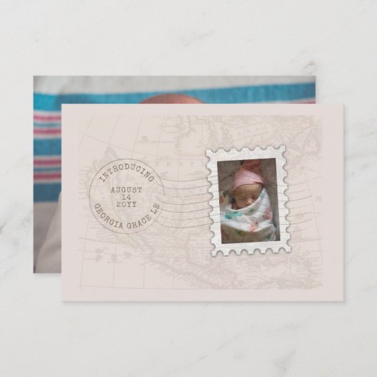 ポストマークとフォトスタンプ旅行生誕発表 案内状 (正面/裏面)