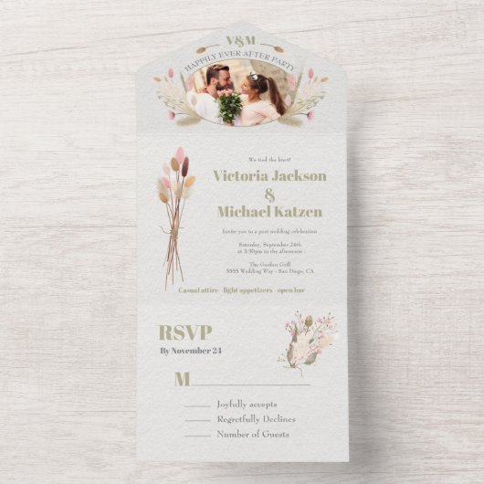 ポスト結婚のドライフラワー展開写真オールイン  オールインワン招待状 (内側)