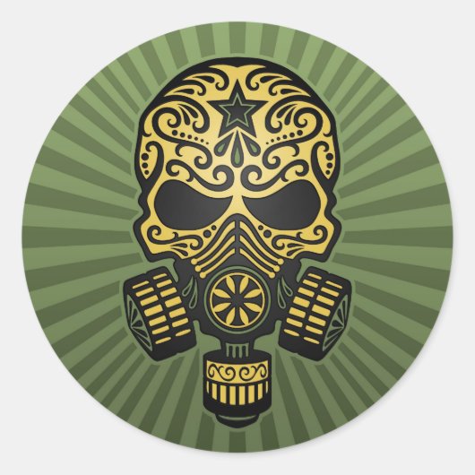 ポスト黙示録の砂糖スカル、陸軍緑 ラウンドシール (正面)