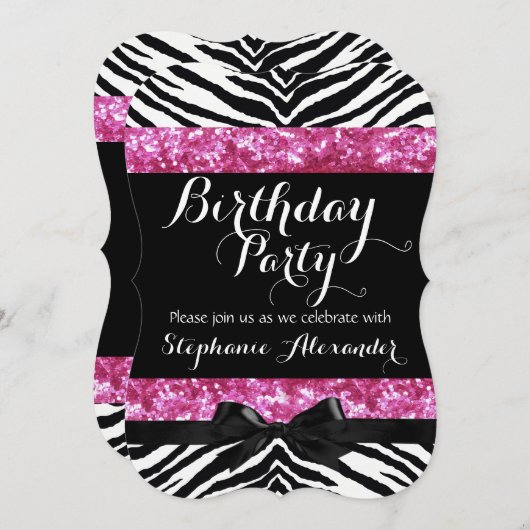 ポスピンクスパークルゼブラガールズ誕生日 招待状 (正面/裏面)