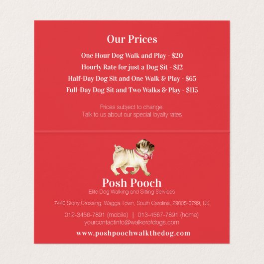 ポスプックかわいいパグ犬の歩くサービス 名刺 (内部フラット)