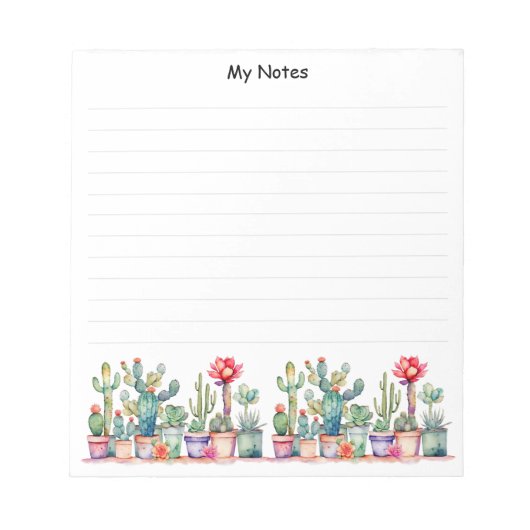ポッカラフルト状のサボテンと多肉類が並んだ ノートパッド (正面)