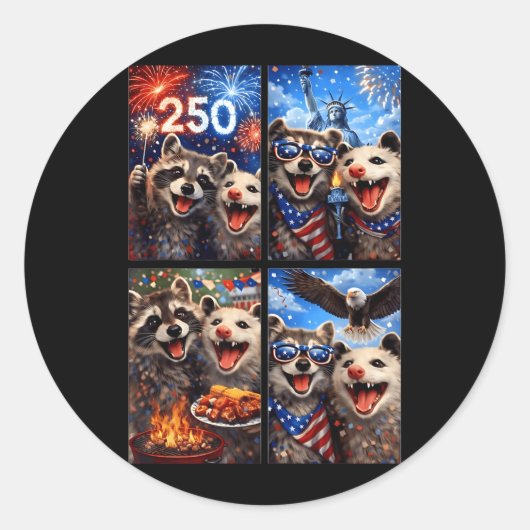 ポッサムとアライグマの7月4日セルフィー250 ラウンドシール (正面)