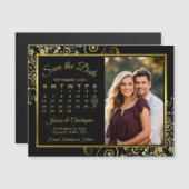 ポッシュブラック&金ゴールドカレン救ダー写真日付マグネット マグネット招待状 (正面/裏面)