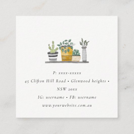 ポッテエレガントッドハウスプラントウォーターカラーボタニカル スクエア名刺 (裏面)