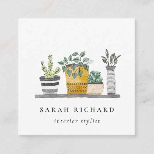 ポッテエレガントッドハウスプラントウォーターカラーボタニカル スクエア名刺 (正面)