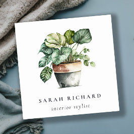ポッテッドグリーンハウスプラントウォーターカラーボタニカル スクエア名刺
