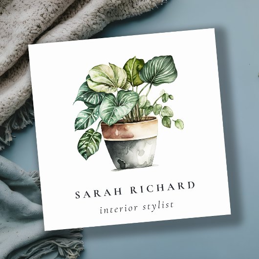 ポッテッドグリーンハウスプラントウォーターカラーボタニカル スクエア名刺
