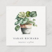 ポッテッドグリーンハウスプラントウォーターカラーボタニカル スクエア名刺 (正面)