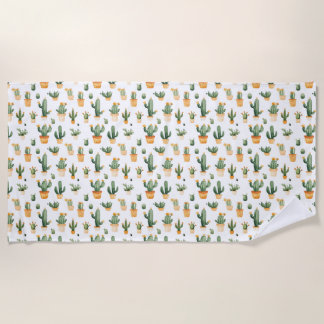 ポッテッドサボテンの白 ビーチタオル