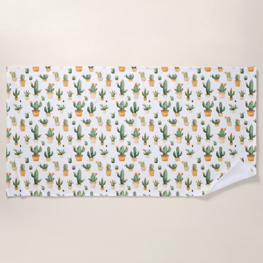 ポッテッドサボテンの白 ビーチタオル (正面)