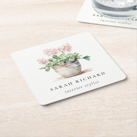 ポッテッドフローラハウスプラントウォーターカラーボタニカル スクエアペーパーコースター (アングル)