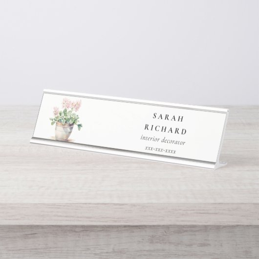 ポッテッドフローラハウスプラントウォーターカラーボタニカル デスクネームプレート (正面)