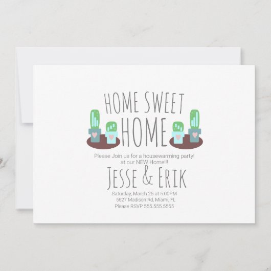 ポッテモダンッドサボテン緑の引っ越し祝いパーティーパーティー 招待状 (正面)