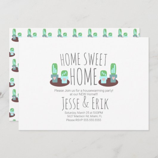 ポッテモダンッドサボテン緑の引っ越し祝いパーティーパーティー 招待状 (正面/裏面)