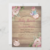 ポットとマグカップの花柄 ウッド ベイビー シャワー 招待状 (正面)