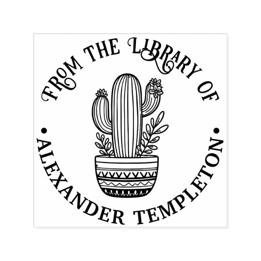 ポットに入った花の咲くサボテン#1P ライブラリの本の名前 セルフインキングスタンプ (デザイン)