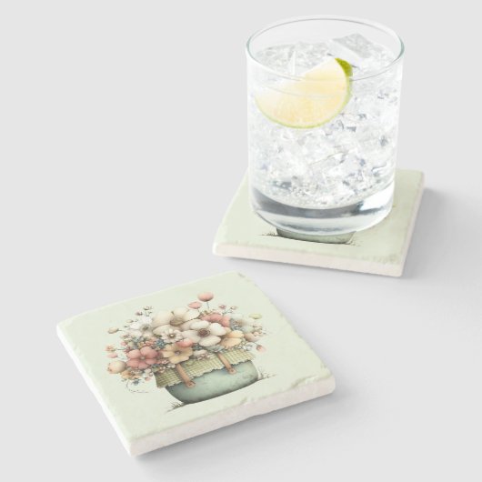 ポットに入った花の かわいい シャビーなスタイル ストーンコースター (横)