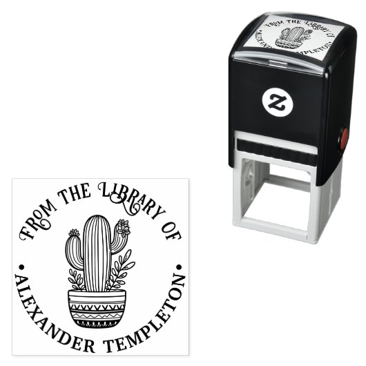 ポットに入った花を咲かせたサボテン#1P 図書館の本の名前 セルフインキングスタンプ (インサイチュ)