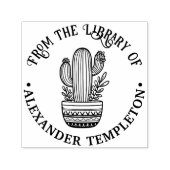 ポットに入った花を咲かせたサボテン#1P 図書館の本の名前 セルフインキングスタンプ (デザイン)