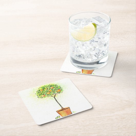 ポットの色彩の鮮やかな水彩画の柑橘類の木 スクエアペーパーコースター (インサイチュ)