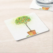 ポットの色彩の鮮やかな水彩画の柑橘類の木 スクエアペーパーコースター (アングル)