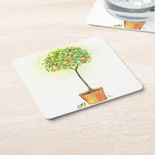 ポットの色彩の鮮やかな水彩画の柑橘類の木 スクエアペーパーコースター (アングル)