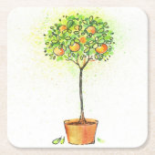 ポットの色彩の鮮やかな水彩画の柑橘類の木 スクエアペーパーコースター (正面)