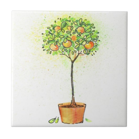 ポットの色彩の鮮やかな水彩画の柑橘類の木 タイル (正面)