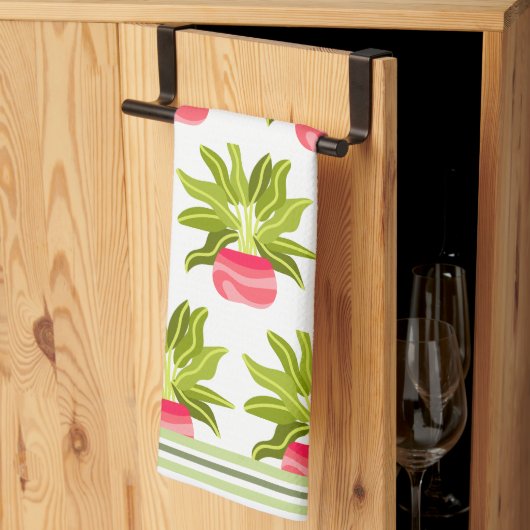 ポットグリーントリムストライプのキッチンタオル キッチンタオル (三つ折り)