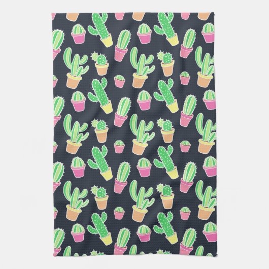 ポットパターンのネオン水彩画のサボテン キッチンタオル (縦)