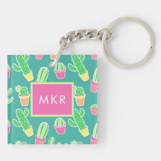 ポットパターンのネオン水彩画のサボテン キーホルダー (裏面)