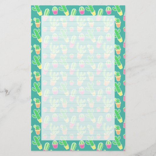 ポットパターンのネオン水彩画のサボテン 便箋 (正面)
