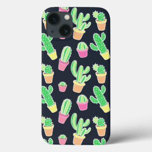 ポットパターンのネオン水彩画のサボテン iPhone 13ケース