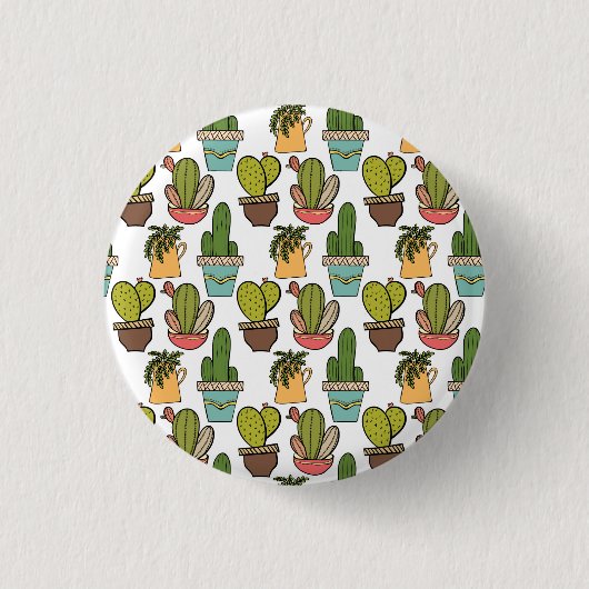 ポットパターンの屋内サボテン及びSucculents 缶バッジ (正面)