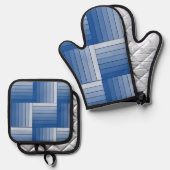 ポットホルダーセット – 青い網掛けリボン織 鍋つかみ&鍋敷きセット (正面/裏面)