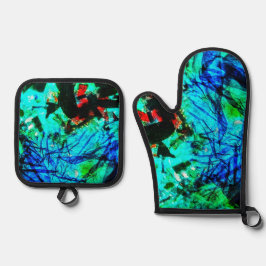 ポットホルダー及びオーブンミットブルー抽象芸術 鍋つかみ&鍋敷きセット