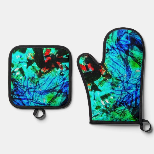ポットホルダー及びオーブンミットブルー抽象芸術 鍋つかみ&鍋敷きセット (正面)