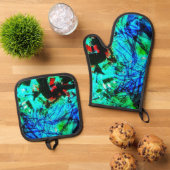 ポットホルダー及びオーブンミットブルー抽象芸術 鍋つかみ&鍋敷きセット (トップダウン)