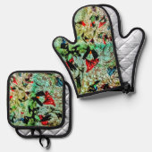 ポットホルダー及びオーブンミットホワイト加工抽象芸術 鍋つかみ&鍋敷きセット (正面/裏面)