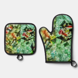 ポットホルダー及びオーブンミットホワイト抽象芸術 鍋つかみ&鍋敷きセット