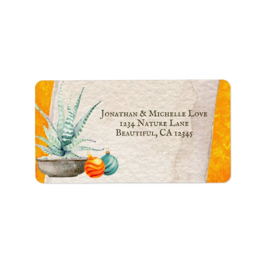 ポット付きサボテンとクリスマスオーナメント住所 ラベル (正面)