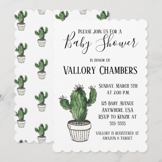 ポット入り多肉植物のカクタス ベビーシャワー招待状 招待状 (正面/裏面)