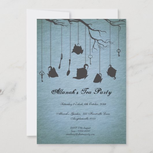 ポット&カップ&鍵誕生日なし誕生日ティーパーティー 招待状 (正面)